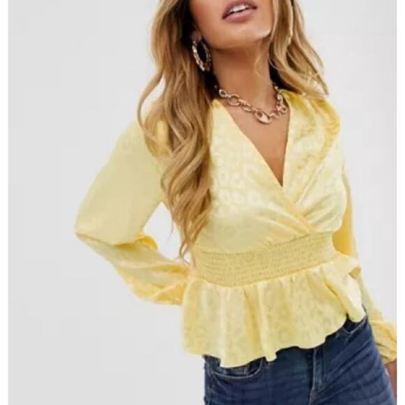 NWT Missguided Animal Jacquard Shirred Waist Yellow Metallic Blouse Women's 4 - Picture 1 of 8